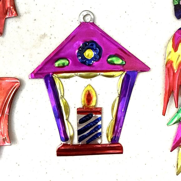 Vintage Mexican Folk Art Hand Painted Punched Tin Christmas Ornaments 6 Lot - Picture 3 of 16